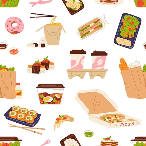 Takeaway food and drink pattern. Seamless background with pizza, sushi, lunch boxes, soup, take-away coffee and groceries in bags. Repeating texture design for printing. Flat vector illustration.