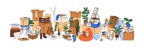 Pile of boxes, stuff for relocation. Many packages, packed properties, lot of items, personal objects heap, home plants. Moving concept. Flat vector illustration isolated on white.