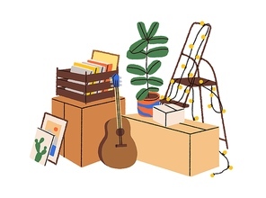 Cardboard boxes with personal stuff for moving. Packed belongings in carton packages for relocation. House plant, guitar, books and stepladder. Flat vector illustration isolated on white.