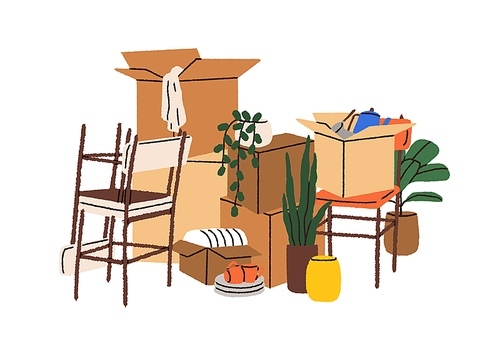 Stuff packed in boxes for moving. Cardboard packages pile, stack with belongings, home properties, kitchenware, furniture and potted house plants. Flat vector illustration isolated on white.