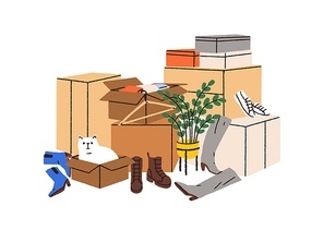 Boxes heap, packages pile with stuff, shoes. Cardboards stack with footwear, props, belongings and cute cat. Items, clothes packed for moving. Flat vector illustration isolated on white.