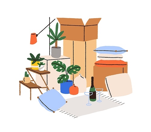 Home stuff packed in cardboard boxes. House decorations, lot of plants in carton packages pile, heap. Property, glassware, houseplants for moving. Flat vector illustration isolated on white.