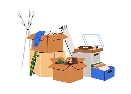 Cardboard boxes, personal stuff pile for moving. Open packs, packages, items heap for relocation. Belongings, apparel, phonograph, many things. Flat vector illustration isolated on white.