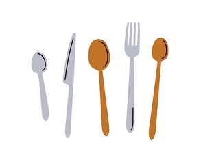 Kitchen cutlery set. Table knife, tablespoon, teaspoon, metal spoon and steel fork. Flatware top view. Dining, eating tools collection. Flat vector illustrations isolated on white background.