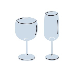 Empty wineglasses. Glassware, stemware for alcohol drinks. Glass kitchen ware, utensils of different types for champagne and wine. Flat vector illustration isolated on white background.