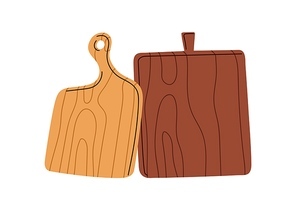 Cutting boards from wood. Rustic brown kitchen utensil for chopping. Clean wooden cooking kitchenware of different shape. Flat vector illustration isolated on white background.
