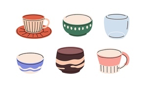 Empty tea cups, mugs, ceramic bowls, glass, porcelain beakers set. Different teacups designs, types. Tableware, dishware for drinks, beverages. Flat vector illustrations isolated on white background.