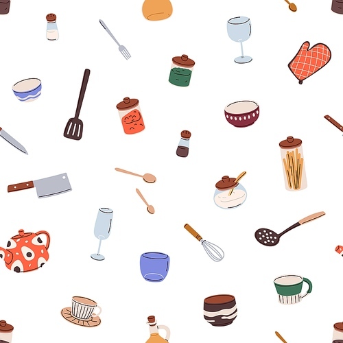 Kitchenware pattern.Seamless background, kitchen utensils, ware and cutlery. Cook tools, cookware, stuff, repeating print. Endless texture design for fabric. Colored flat graphic vector illustration.