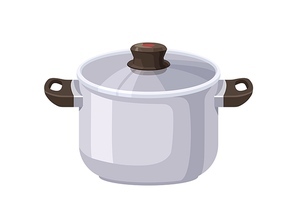 Stockpot with glass lid. Metal stock pot with handles. Covered closed saucepan. Stainless steel kitchen pan, clean utensil for cooking. Flat vector illustration isolated on white background.