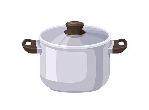 Stockpot with glass lid. Metal stock pot with handles. Covered closed saucepan. Stainless steel kitchen pan, clean utensil for cooking. Flat vector illustration isolated on white background.