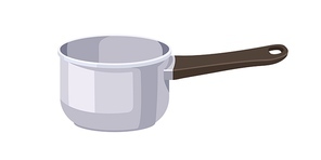 Saucepan, cooking pot. Saute pan with long handle. Deep empty sauce utensil with tall sides. Metal, stainless steel kitchenware for cook. Flat vector illustration isolated on white background.