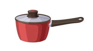 Sauce pan with long handle. Saucepan covered with glass lid. Kitchen ware for cooking. Cookware, deep pot with enamel. Flat vector illustration isolated on white background.