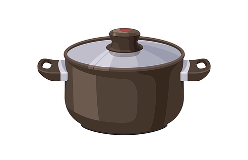 Saucepan covered with lid. Nonstick sauce pan, cook ware. Closed stockpot, kitchen utensil for cooking. Deep non-stick stock pot. Flat vector illustration isolated on white background.