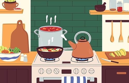 Cooking pan, pots and tea kettle on gas stove. Cook process at home kitchen. Dishes boiling and stewing on domestic cooker. Preparing meal in saucepan and teakettle. Colored flat vector illustration.