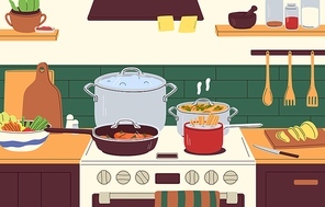 Cook pan and pots with dishes on stove in home kitchen interior. Boiling, frying, stewing food, soup, steak and pasta in saucepan, casserole and stewpot on cooker. Colored flat vector illustration.