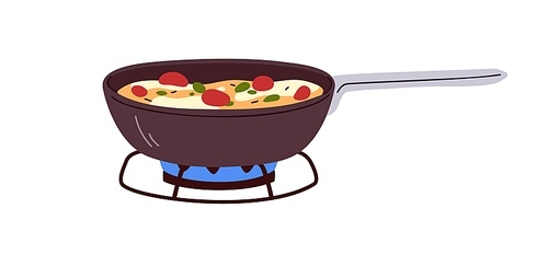 Omelette in frying pan, cook process in skillet. Cooking breakfast dish with vegetables on gas stove, cooker with burning fire. Omelet in frypan. Flat vector illustration isolated on white background.