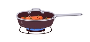 Meat beef steak in frying pan, cook process on gas cooker. Cooking dinner meal, fish dish on stove with burning fire. Food frypan closed with lid. Flat vector illustration isolated on white background.