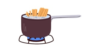Pasta pot with boiling water and Italian spaghetti. Open saucepan on burning gas. Cook process in sauce pan on cookers fire. Cooking on stove. Flat vector illustration isolated on white background.