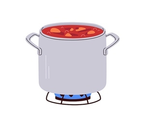 Saucepan on gas stove. Open sauce pan with boiling soup. Metal steel pot on cooker. Cooking process in deep kitchenware. Flat vector illustration isolated on white background.