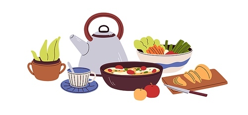 Healthy food, meals, dishes, tea composition. Vegetarian eating, bread, vegetable salad, omelette, apple fruits, kettle for breakfast, lunch. Flat vector illustration isolated on white background.