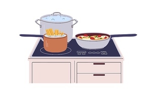 Cooking pans, pots on electric cooker. Stockpot with boiling water, skillet with stewing vegetables, saucepan with pasta spaghetti on cook stove. Flat vector illustration isolated on white background.