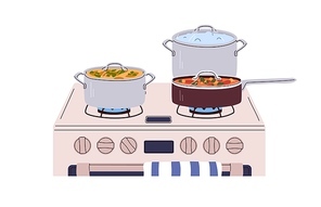 Pans, pots on gas stove. Cook stewpots, saucepans, skillets with cooking dishes, meals on cooker. Cookware with different boiling, stewing food. Flat vector illustration isolated on white background.