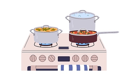 Pans, pots on gas stove. Cook stewpots, saucepans, skillets with cooking dishes, meals on cooker. Cookware with different boiling, stewing food. Flat vector illustration isolated on white background.