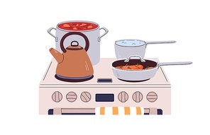 Saucepan, frying pan, skillet, tea kettle on electric stove, cooker. Cooking process with meat steak, soup, water in stockpot, teakettle. Flat vector illustration isolated on white background.