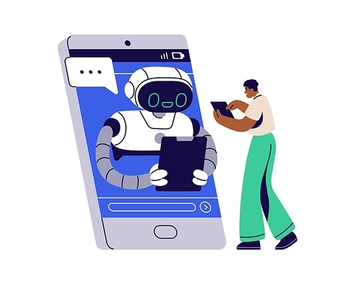 Customer and chatbot communication concept. Robot, AI chat bot in mobile phone answering, supporting person. Automated online assistant. Flat graphic vector illustration isolated on white background.