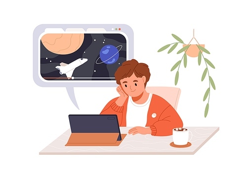 Child watching video about space on tablet screen. Boy kid looking at display, studying cosmos, universe, astronomy at leisure time at home. Flat vector illustration isolated on white background.