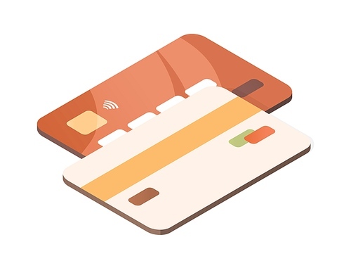 Back and front sides of plastic credit cards with bank security features chip, contactless payment symbol, magnetic strip and hologram. Colored flat vector illustration isolated on white background.