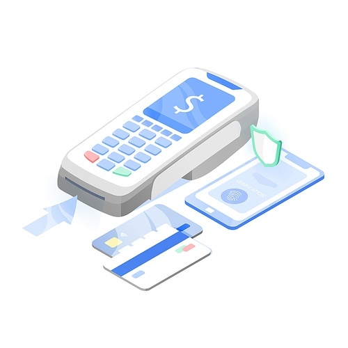 Point of sale, electronic terminal or reader, mobile phone and credit or debit cards. Contactless payment system or technology, digital banking service. Modern colorful isomeric vector illustration