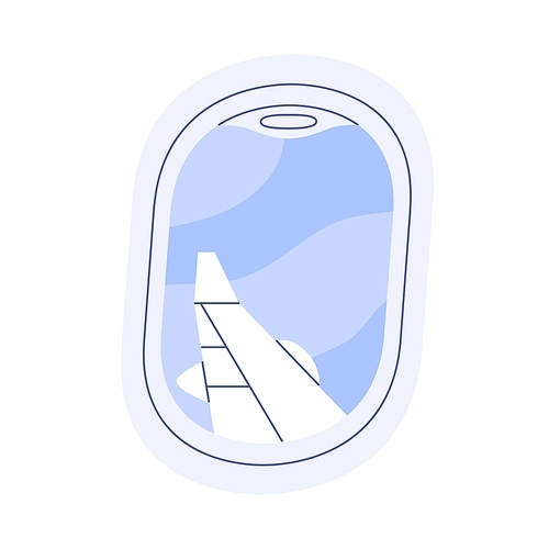 Sky view through porthole in air plane. Airplane window during flight, travel. Aircraft wing and day skyscape at vacation journey by airliner. Flat vector illustration isolated on white background.