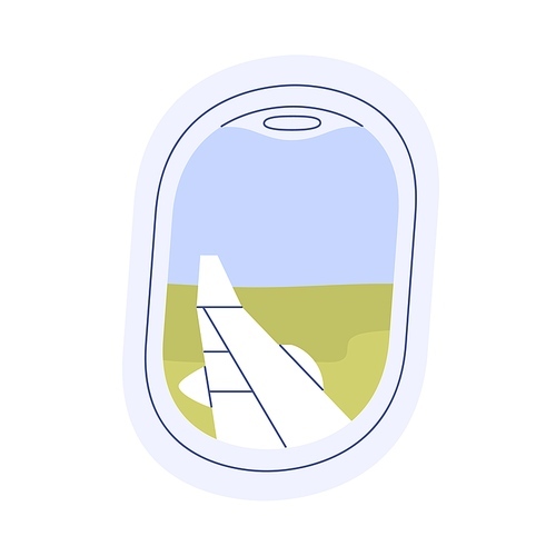 Sky, earth view through plane window. Summer landscape in airplane porthole. Aircraft wing, day scene outside of airliner during flight, landing. Flat vector illustration isolated on white background.