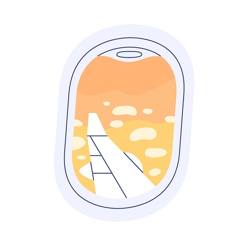 Plane porthole view on sunset, sunny sky, airplane wing during flight. Scenery outside aircraft window with sun set on summer evening. Flat graphic vector illustration isolated on white background.