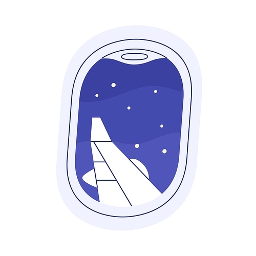 Porthole view on dark night sky with stars. Skyscape, wing through air plane window during flight. Nighttime landscape outside flying aircraft. Flat vector illustration isolated on white background.