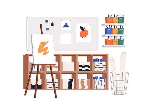 Classroom for art class. Creative studio, empty drawing atelier with painting supplies, canvas and easel, whiteboard. Artists school, study room. Flat vector illustration isolated on white background.