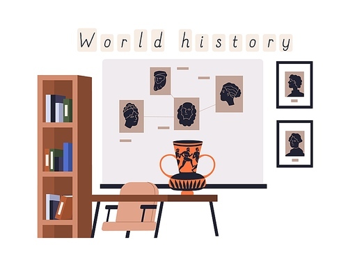 World history classroom with desk, whiteboard, book shelf. Empty class room for studying Ancient Greece with historical artifacts, wall portraits. Flat vector illustration isolated on white background.