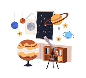 Astronomy classroom with telescope, planet models, star map. School class room for cosmos, space, universe study with books, education stuff. Flat vector illustration isolated on white background.