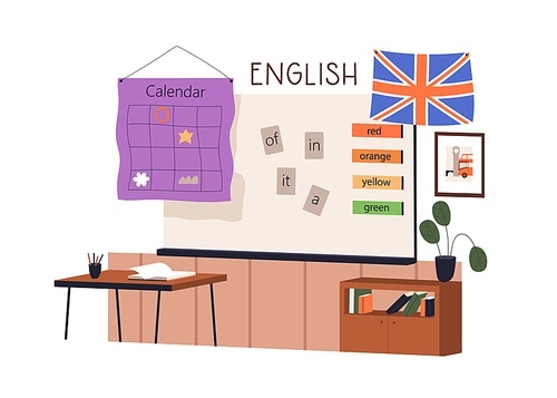 English foreign language class. Empty grammar classroom of elementary school. Study room interior with British flag, books, words on whiteboard. Flat vector illustration isolated on white background.