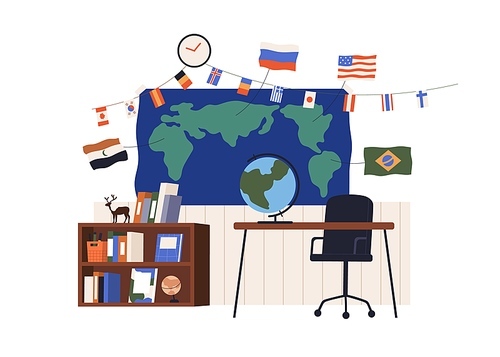 Geography classroom with world map, country flags, globe. Empty school class room interior with geographic study stuff, books, desk, table. Flat vector illustration isolated on white background.