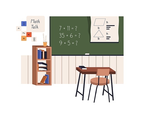 Maths classroom with blackboard, desk. Mathematics class, empty study room with chalkboard. Arithmetics and geometry in elementary school. Flat vector illustration isolated on white background.