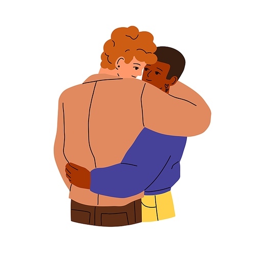 Gay couple hugging. Interracial LGBT men in romantic relationship. Homosexual enamored people of same sex. Male valentines, boyfriends embracing. Flat vector illustration isolated on white background.