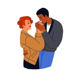 Romantic man and woman in love. Enamored biracial happy couple of valentines. Affectionate tender boyfriend kissing hands of girlfriend. Flat graphic vector illustration isolated on white background.