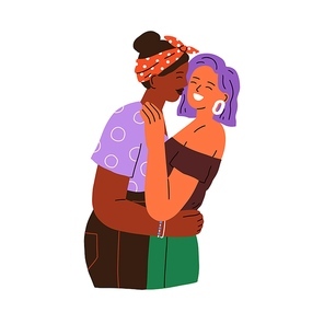 Lesbian love couple. Happy girls laughing, kissing, hugging. LGBT women in romantic relationship. Modern biracial female valentines. Flat graphic vector illustration isolated on white background.