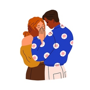 Romantic couple of interracial man, woman. Enamored guy caressing girl, confessing love. Happy affectionate people hug with tenderness. Flat graphic vector illustration isolated on white background.