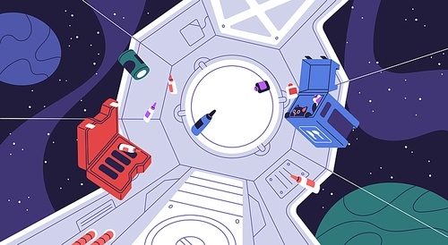 Zero gravity inside space ship, cosmos shuttle. Weightlessness in universe station, spaceship. Studd, bottles, bags, cat flying, floating in mess, chaos in spacecraft. Flat vector illustration.