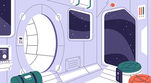 Spaceship interior. Inside space ship, station. Empty spacecraft, cosmos shuttle during flight in galaxy, universe. Interstellar, starship indoors with round door and window. Flat vector illustration.