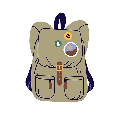 Rucksack, travel backpack. Packed tourists bag, knapsack for trekking, hiking. Touristic luggage, haversack with sticker, badge. Textile packsack. Flat vector illustration isolated on white background.