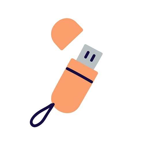 Flash drive, USB stick for data storage. Mobile thumbdrive, external device with information gigabyte. ID electronic security key icon. Flat vector illustration isolated on white background.